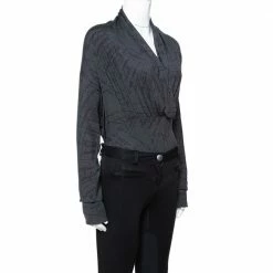 Hermes Grey Printed Silk Jersey Plunge Neck Bodysuit M For Women -Deals Hermes Store luxury women hermes used clothes p336129 002