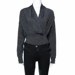 Hermes Grey Printed Silk Jersey Plunge Neck Bodysuit M For Women