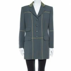 Hermes Uniform Green Wool & Velvet Collar Detail Knee Length Vintage Coat L For Women
