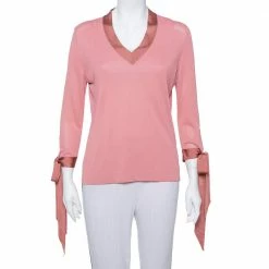 Hermes Pink Knit Sleeve Tie Detail Top L For Women