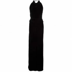 Hermes Black Velvet Halter Back Gown M For Women