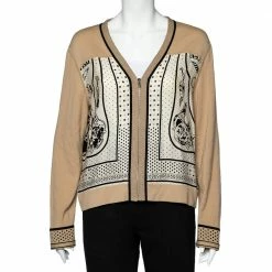 Hermes Camel Brown Printed Silk & Wool Paneled Zip Front Cardigan L For Women