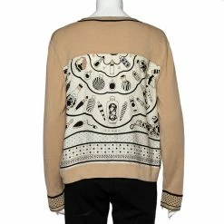 Hermes Camel Brown Printed Silk & Wool Paneled Zip Front Cardigan L For Women -Deals Hermes Store luxury women hermes used clothes p496700 004