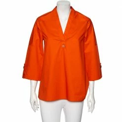 Hermes Orange Cotton V-Neck Top S For Women