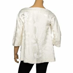 Hermes Cream Jacquard Silk Side Slit Round Neck Top S For Women -Deals Hermes Store luxury women hermes used clothes p535628 002