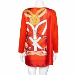 Hermes Burnt Orange Printed Silk & Knit Long Sleeve Top L For Women -Deals Hermes Store luxury women hermes used clothes p535882 004