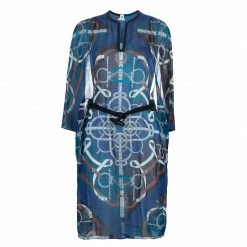 Hermes Blue Printed Corded Belt Detail Sheer Kimono Dress M For Women