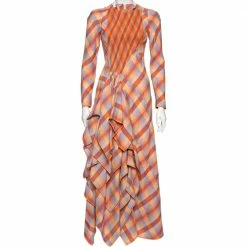 Hermes Orange Checkered Linen Asymmetric Ruffled Dress S For Women