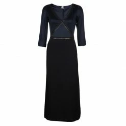 Hermes Black Leather Trim Detail Long Sleeve Dress S For Women