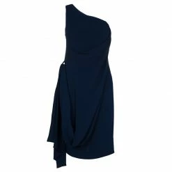 Hermes Blue Silk Knit One Shoulder Draped Dress S For Women