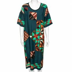 Hermes Teal Blue Geometric Printed Cashmere Dress M For Women