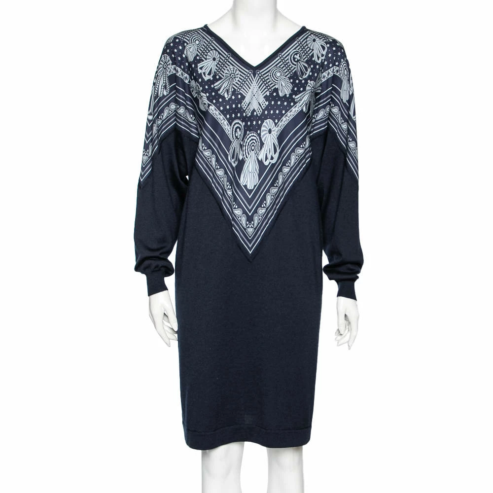 Hermes Blue Bandana Print Silk And Knit Dress M For Women 3 Hermes Blue Bandana Print Silk And Knit Dress M For Women
