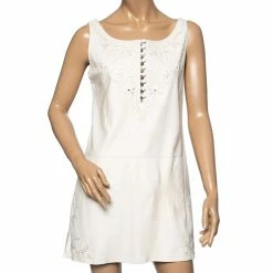 Hermes Cream Leather Floral Embroidered Sleeveless Mini Dress M For Women