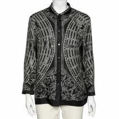 Hermes Black Zodiac Printed Silk Long Sleeve Shirt L For Women