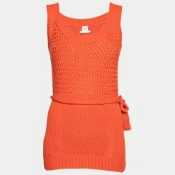 Hermes Orange Cotton Knit Sleeveless Belted Mini Dress S For Women