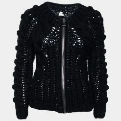 Hermes Navy Blue Cashmere Chunky Cable Knit Zip Front Cardigan S For Women