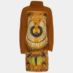 Hermes Brown Printed Silk Twill & Alpaca Knit Long Sleeve Dress S For Women
