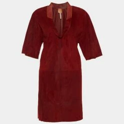 Hermes Red Suede & Lizard Trim Detail Tunic Dress M For Women