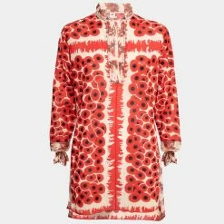 Hermes Red Printed Cotton & Silk V-Neck Tunic M For Women