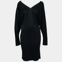 Hermes Black Jersey V-Neck Long Sleeve Dress S For Women