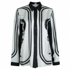 Hermes Monochrome Printed Silk Long Sleeved Button Down Shirt M For Women