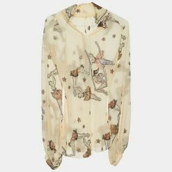 Hermes Beige Ballerina Jacquard Silk Long Sleeve Blouse S For Women