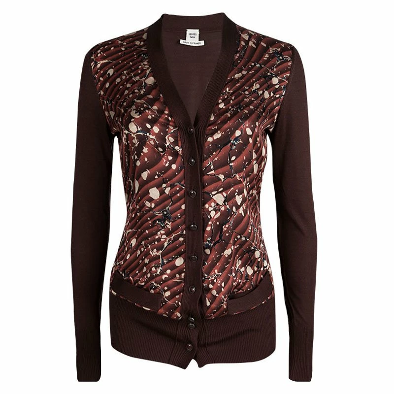 Hermes Brown Printed Silk Ribbed Trim Cardigan S For Women 3 Hermes Brown Printed Silk Ribbed Trim Cardigan S For Women