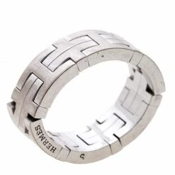 Hermes Kilim H Motif 18k White Gold Band Ring Size 51 For Women