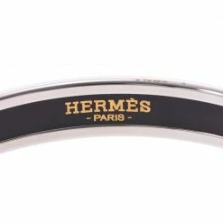 Hermes Dark Grey Silver Cloisonne Logo Bangle For Women -Deals Hermes Store luxury women hermes used fine jewelry p264336 001