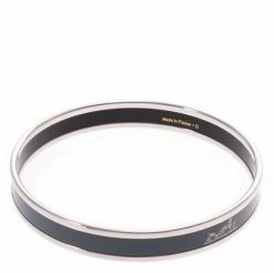 Hermes Dark Grey Silver Cloisonne Logo Bangle For Women