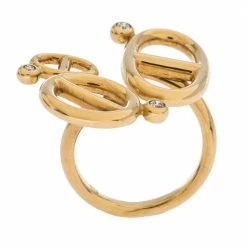 Hermes Chaîne D'Ancre Diamond 18K Yellow Gold Open Ring Size 53 For Women