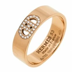 Hermes Hermès H D'Ancre Diamond 18K Rose Gold Band Ring Size 53 For Women -Deals Hermes Store luxury women hermes used fine jewelry p451096 006