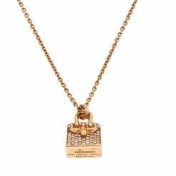 Hermes Birkin Amulette Diamond 18k Rose Gold Pendant Necklace For Women