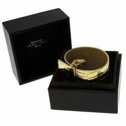 Hermes Croc Embossed Milanese Link And Padlock 18k Yellow Gold Wide Cuff Bracelet For Women -Deals Hermes Store luxury women hermes used fine jewelry p86742 0008