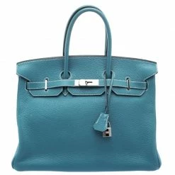 Hermes Blue Azure Clemence Leather Palladium Hardware Birkin 35 Bag For Women