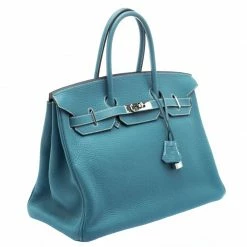Hermes Blue Azure Clemence Leather Palladium Hardware Birkin 35 Bag For Women -Deals Hermes Store luxury women hermes used handbags p103288 003