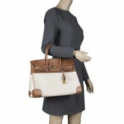 Hermes Brown/Beige Canvas And Box Calf Leather Gold Hardware Birkin 35 Bag For Women -Deals Hermes Store luxury women hermes used handbags p103290 002