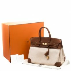 Hermes Brown/Beige Canvas And Box Calf Leather Gold Hardware Birkin 35 Bag For Women -Deals Hermes Store luxury women hermes used handbags p103290 010