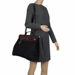 Hermes Dark Brown/Black Leather And Canvas Herbag Zip 39 Bag For Women -Deals Hermes Store luxury women hermes used handbags p105069 002