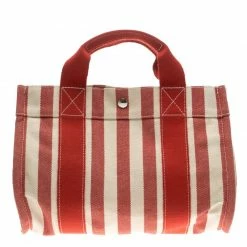Hermes Red And White Striped Canvas Cannes PM Beach Tote For Women