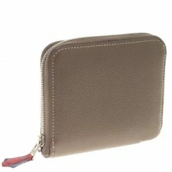 Hermes Taupe Veau Grain Lisse Leather Silk In Compact Wallet For Women -Deals Hermes Store luxury women hermes used handbags p107991 003