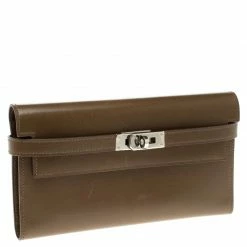 Hermes Olive Barenia Box Calf Leather Long Kelly Wallet For Women -Deals Hermes Store luxury women hermes used handbags p110424 0003