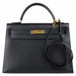 Hermes Noir Ardennes Leather Gold Hardware Kelly Sellier 35 Bag For Women