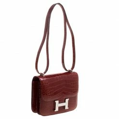 Hermes Rouge H Alligator Mini Palladium Hardware Constance Bag For Women -Deals Hermes Store luxury women hermes used handbags p114449 003