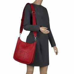 Hermes Rouge Garance Clemence Leather Evelyne III PM Bag For Women -Deals Hermes Store luxury women hermes used handbags p114807 0002