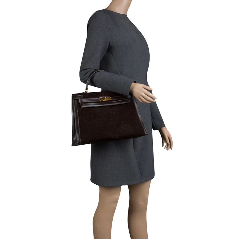 Hermes Dark Marron Box Calf Leather And Suede Gold Hardware Kelly Sellier 32 Bag For Women 4 Hermes Dark Marron Box Calf Leather And Suede Gold Hardware Kelly Sellier 32 Bag For Women - Image 2