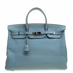 Hermes Ciel Taurillon Clemence Leather Palladium Hardware Birkin 40 Bag For Women