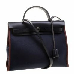 Hermes Black/Navy Blue Leather And Canvas Herbag Zip 31 Bag For Women -Deals Hermes Store luxury women hermes used handbags p131400 003
