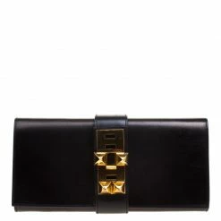 Hermes Metallic Black Box Leather Medor 29 Clutch For Women