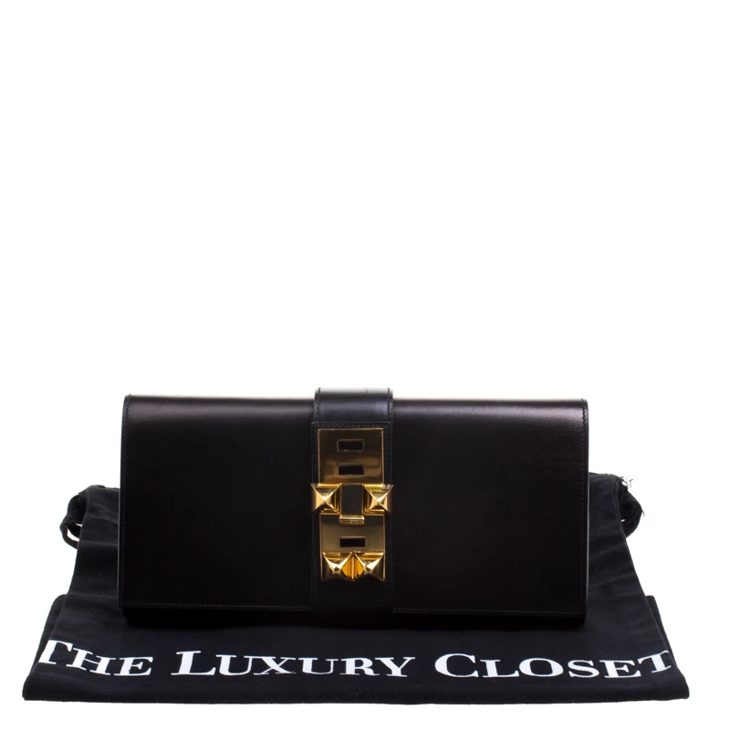 Hermes Metallic Black Box Leather Medor 29 Clutch For Women 11 Hermes Metallic Black Box Leather Medor 29 Clutch For Women - Image 9
